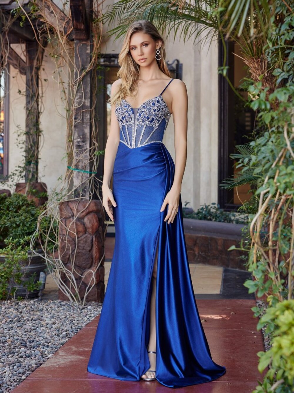 New Navy Blue Rhinestones Embellished Special Occasion Satin Gown Nx G1788